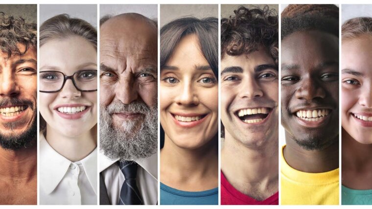 The photo shows a strip collage of portraits of different people