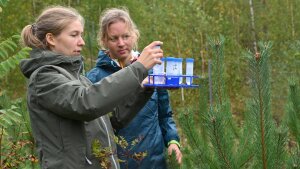 Two women take geological samples outdoors. In the background are young trees.