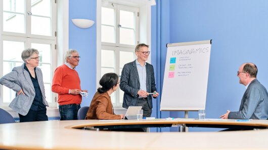 Researchers from the Cluster of Excellence initiative "Imaginamics" sit and stand around a table and work together on a flipchart.
