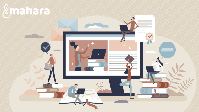 Personen vor einem Bildschirm mit Büchern und Laptops