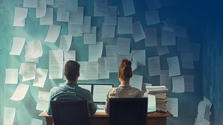 Zwei Personen sitzen an einem Schreibtisch, an der Wand hängen viele mit Text bedruckte Zettel.