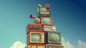 Mehrere Fernseher, alte Radios und Lautsprecher stehen aufgetürmt übereinander.