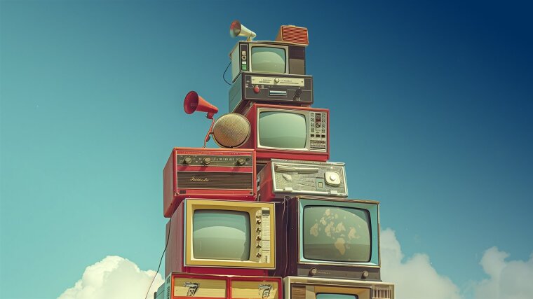 Mehrere Fernseher, alte Radios und Lautsprecher stehen aufgetürmt übereinander.