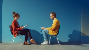 Zwei Personen sitzen sich gegenüber um miteinander zu kommunizieren.
