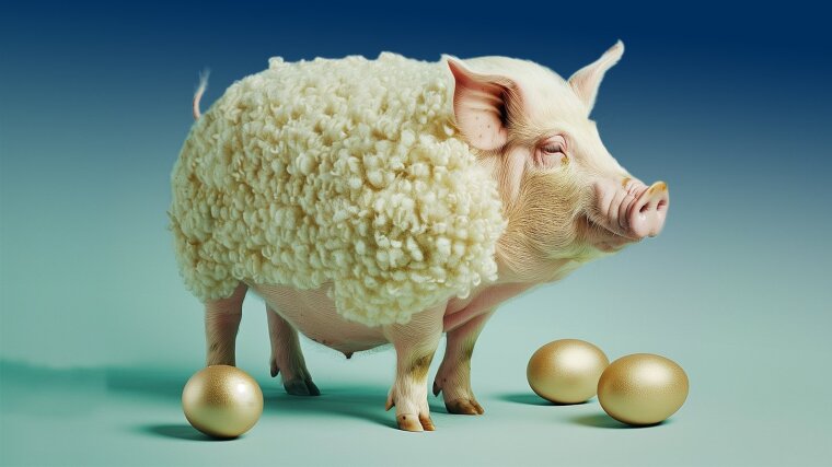 A pig with a sheepskin and an implied cow's udder smiles and stands next to three golden eggs.