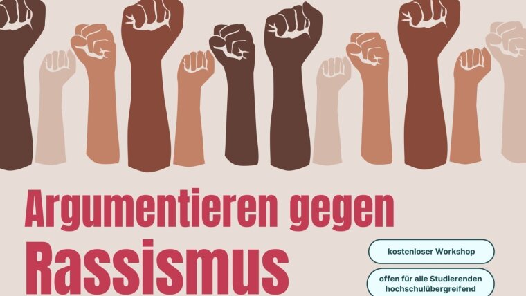 Reihe geballster Fäuste in unterschiedlichen Hautfarben mit Schriftzug zum Workshopthema