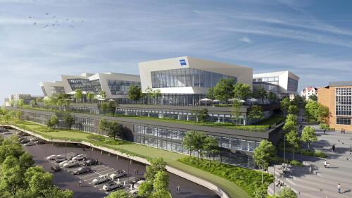 Digital erstellte Grafik des zukünftigen Firmengeländes der ZEISS AG, Gebäude und Umgebung, am Westbahnhof in Jenaam