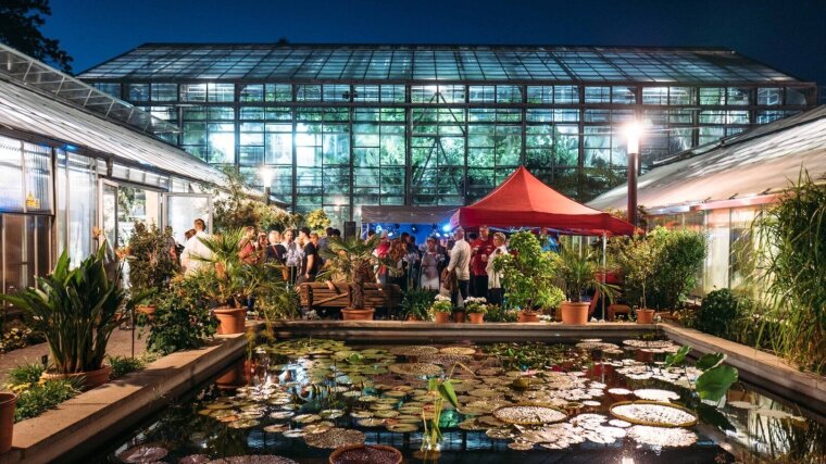 Feiernde Menschen vor den Gewächshäusern im Botanischen Garten beim Uni-Sommerfest.