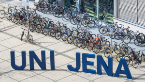 View of the oversized university letters on 3 April 2023 at the beginning of the lecture period of the 2023 summer semester on the campus at Ernst-Abbe-Platz at Friedrich Schiller University Jena in Jena.