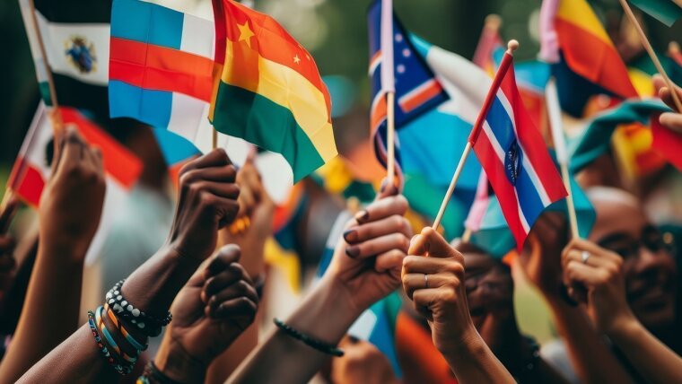Hands waving flags of different countries