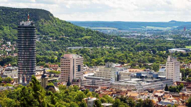 View of Jena city centre with the JenTower and the university campus