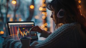 Studentin sitzt vor dem Laptop mit einer Tasse Kaffee