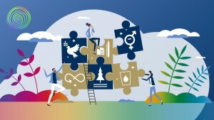 Cover motif for Sustainability Week - three figures with six puzzle pieces with symbols of the SDGs