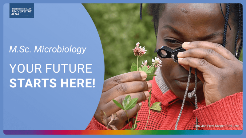 placeholder image — Person looking at a flower with a magnifying glass next to the lettering ‘MSc Microbiology your future starts here.’