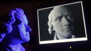 A virtual 3D model of a bust of Friedrich Schiller. The university spin-off EnShape, which has now been offering unique 3D sensors for over ten years, began with projects like this.