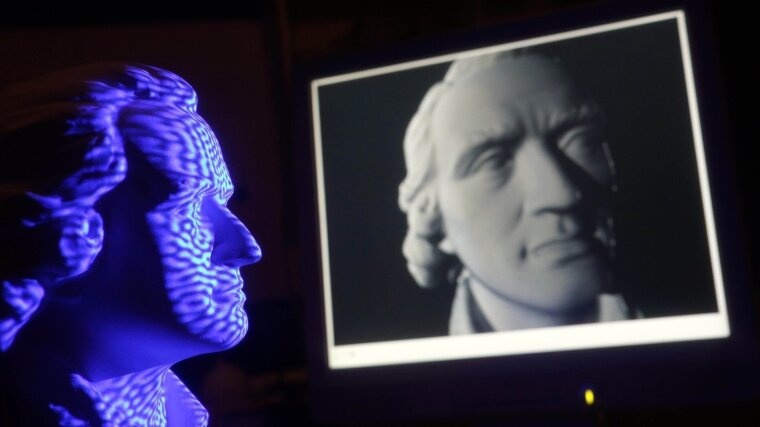 A virtual 3D model of a bust of Friedrich Schiller. The university spin-off EnShape, which has now been offering unique 3D sensors for over ten years, began with projects like this.