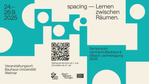 Grafik zur eTeach-Jahrestagung/Symposium Lern.Raum.Bauhaus.  Das Design besteht aus geometrischen Formen in Türkis und Beige mit Kreisen und eckigen Mustern.
