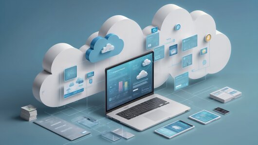 Cloud with laptop and other symbols of digitalisation