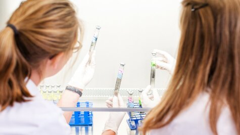 Zwei Frauen betrachten beschriftete Reagenzgläser.