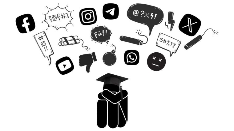 A person with doctoral hat is being threatened by a cloud of hostile symbols