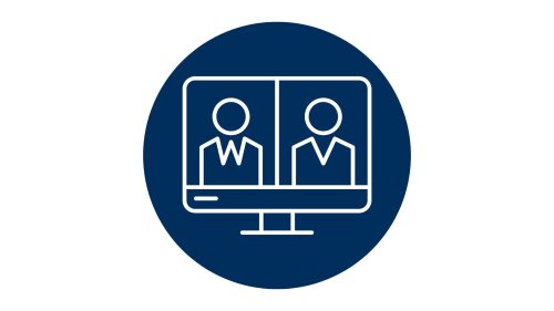 Dunkelblauer Kreis mit zwei Personen auf einem Computerbildschirm.