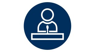 Dark blue circle with one person at the lectern.