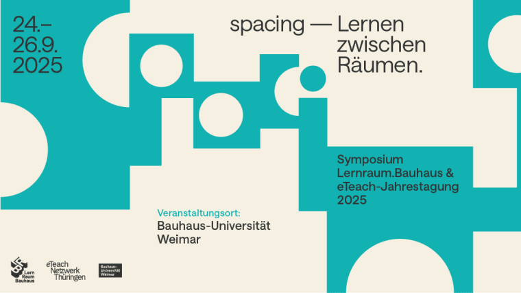 Grafik zur eTeach-Jahrestagung/Symposium Lern.Raum.Bauhaus. Das Design besteht aus geometrischen Formen in Türkis und Beige mit Kreisen und eckigen Mustern.