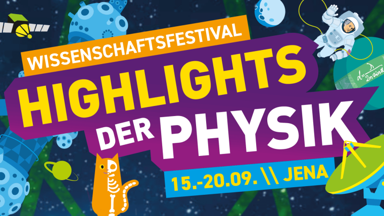 Werbebanner mit dem Text "Wissenschaftsfestival Highlights der Physik 15.–20.09. \\ Jena"