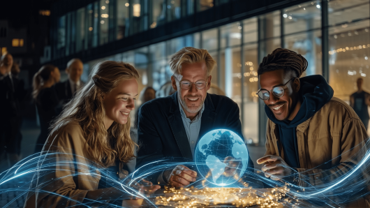 Studierende und Lehrender sitzen vor der Uni, blicken auf eine Weltkugelprojektion und feiern Zukunftsgestaltung.