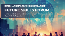 Bunte Darstellung von einer Weltkugel, auf die sich viele Menschen zubewegen. Im Hintergrund sind Umrisse von hohen Gebäuden zu sehen, alles ist in Blau, Orange und Gelb koloriert.