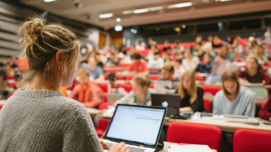 Eine Dozentin hält einen Vortrag in einem Hörsaal
