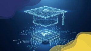 Academic hat hovers over AI symbol