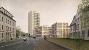 Außenrendering des neuen Campus Inseplatz, auf dem Turm sind die Wortmarke "Universität Jena"  und die Worte "Light. Life. Liberty" zu lesen.
