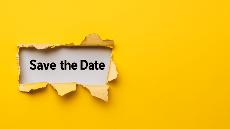 Ein gelber Hintergrund, in dem ein aufgerissenes Papierfenster den Text „Save the Date“ freilegt.