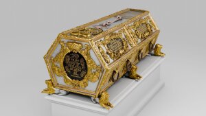 Colour reconstruction of the pewter coffin of Duke Johann Wilhelm of Saxony-Jena (1675–1690) from the princely crypt in Jena's St. Michael's Church.