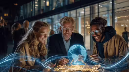 Studierende und Lehrender sitzen vor der Uni, blicken auf eine Weltkugelprojektion und feiern Zukunftsgestaltung.