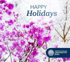 Über schneebedeckten pinken Blüten steht der Schriftzug »Happy Holidays«