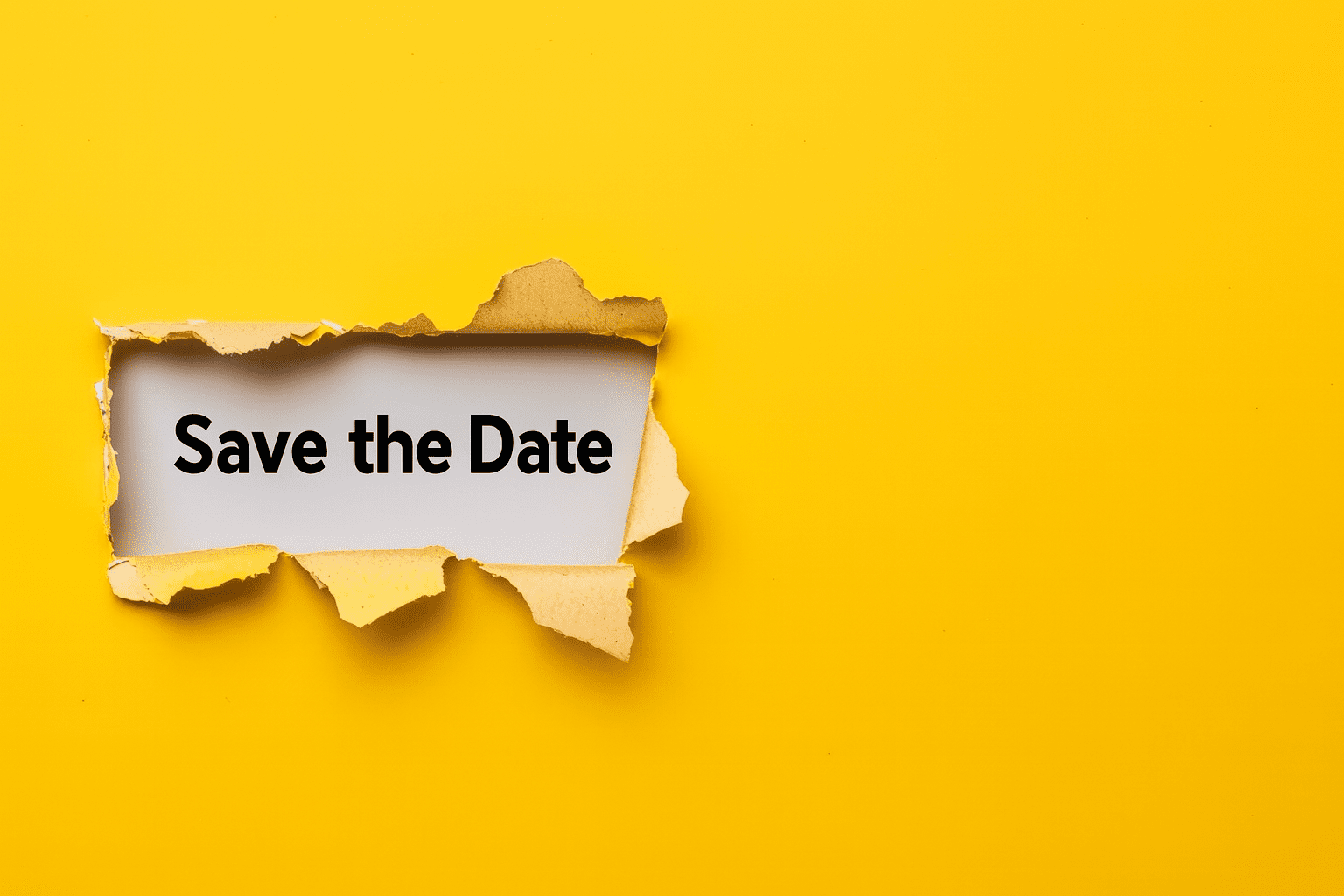 Ein gelber Hintergrund, in dem ein aufgerissenes Papierfenster den Text „Save the Date“ freilegt.