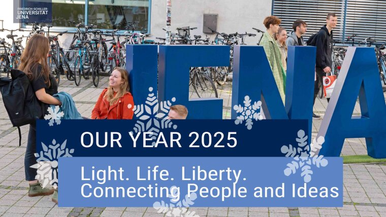 Students on campus in the background. In the foreground, the title: Light. Life. Liberty. – Connecting People and Ideas.