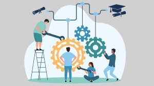 Diverse individuals are working on gear wheels