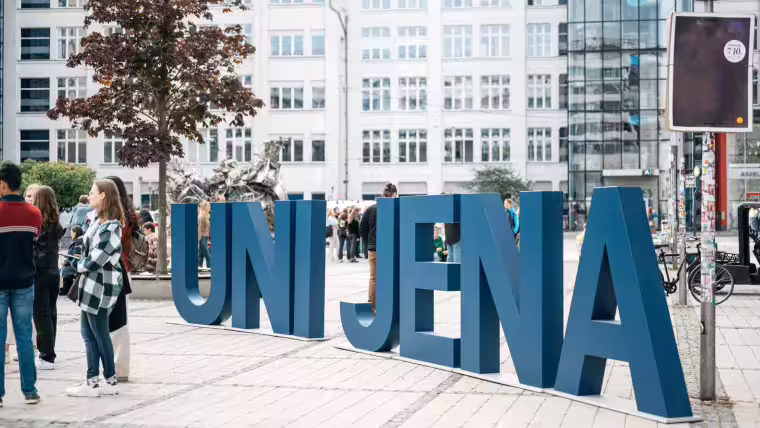 Jena University letters stand on the Ernst-Abbe-Platz campus