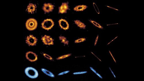 Overview of the high-resolution images of the 24 debris discs. The bottom blue row shows the gas distribution in the debris discs above.