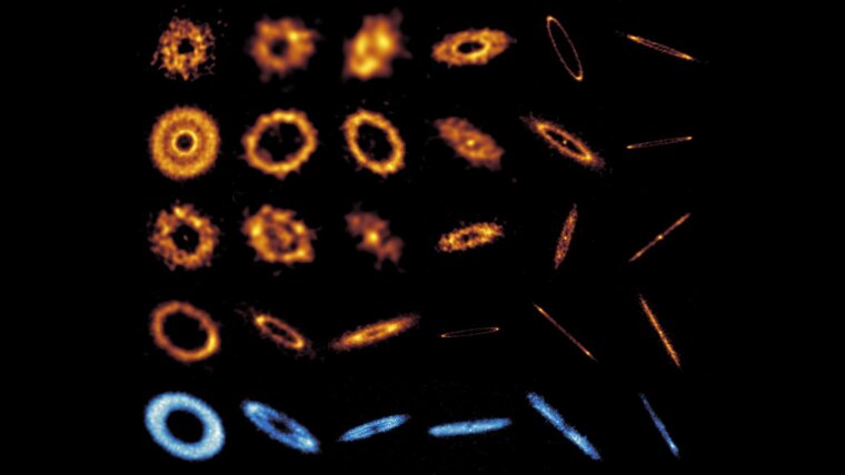 Overview of the high-resolution images of the 24 debris discs. The bottom blue row shows the gas distribution in the debris discs above.