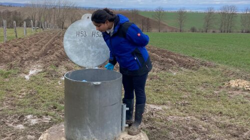 Doktorandin Alisha Sharma am Grundwasserbrunnen mit eingesetzten passiven Probennehmern.