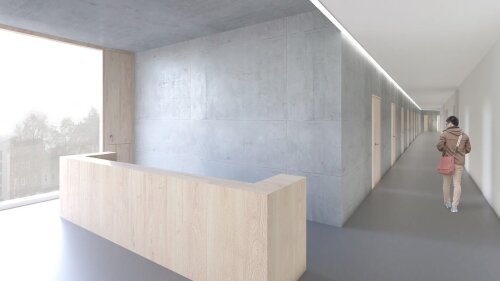 Corridor, staff kitchen