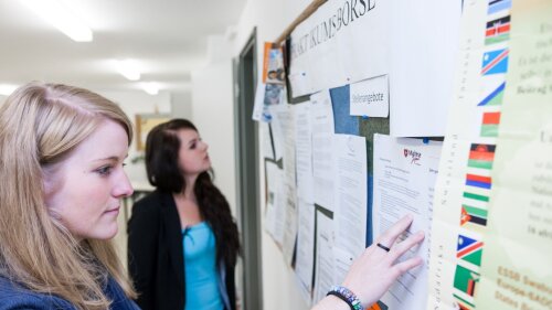 Studentinnen lesen die Ausschreibungen f&uuml;r Praktikumsstellen