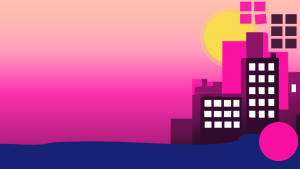 Illustration of a city in pink.