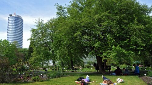 Besucher auf der Wiese im Botanischen Garten