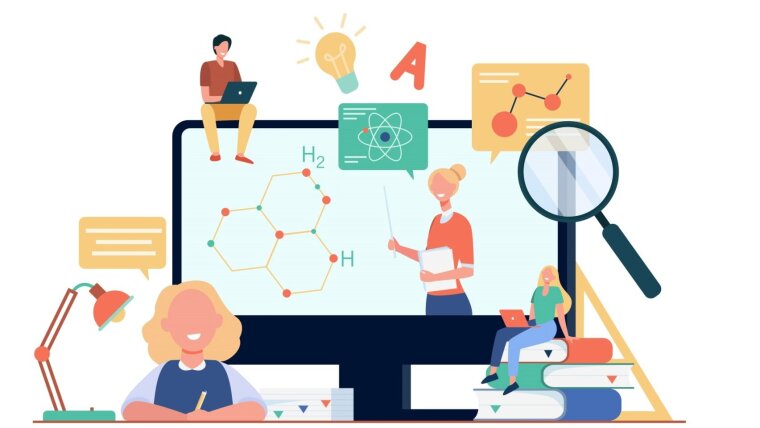 Grafik mit zufriedenen Studenten beim Betrachten des Lern-Webinars