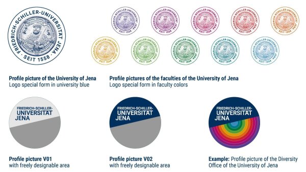 Various examples of profile pictures of the social media accounts of the University of Jena